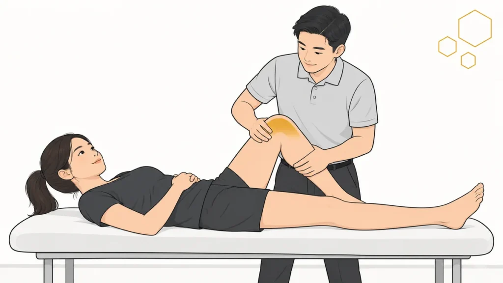 vat-ly-tri-lieu-la-gi Minh họa chuyên viên vật lý trị liệu kiểm tra cử động khớp gối cho người chơi thể thao nữ