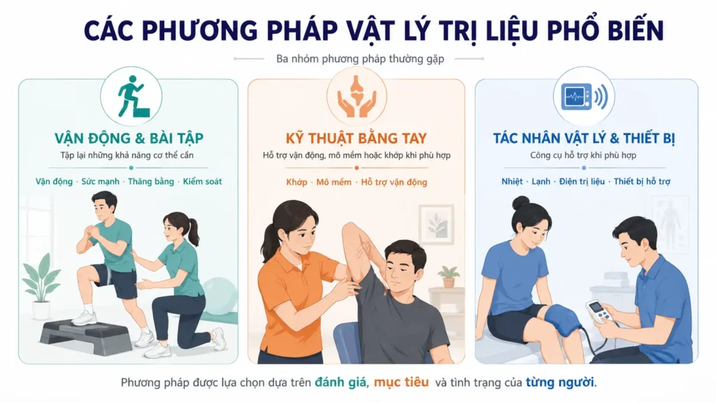 Các phương pháp vật lý trị liệu phổ biến gồm bài tập, kỹ thuật bằng tay và tác nhân vật lý