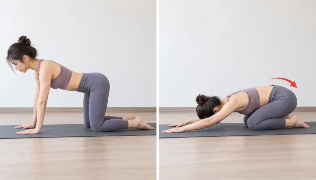 Tư thế Em bé đưa hông về phía gót để vận động và giãn nhẹ vùng lưng