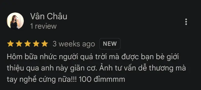 Ảnh chụp đánh giá Google 5 sao của khách hàng sau khi được tư vấn và trị liệu tại Zheng Sports Ảnh chụp đánh giá Google 5 sao của khách hàng sau khi được tư vấn và trị liệu tại Zheng Sports
