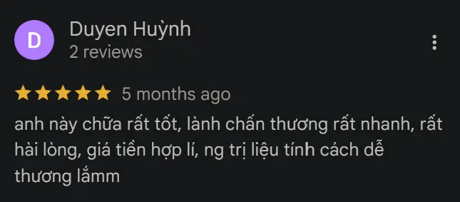 Ảnh chụp đánh giá Google 5 sao của khách hàng sau khi được tư vấn và trị liệu tại Zheng Sports Ảnh chụp đánh giá Google 5 sao của khách hàng sau khi được tư vấn và trị liệu tại Zheng Sports
