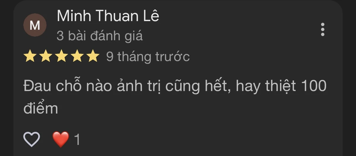 Ảnh chụp đánh giá Google 5 sao của khách hàng sau khi được tư vấn và trị liệu tại Zheng Sports Ảnh chụp đánh giá Google 5 sao của khách hàng sau khi được tư vấn và trị liệu tại Zheng Sports