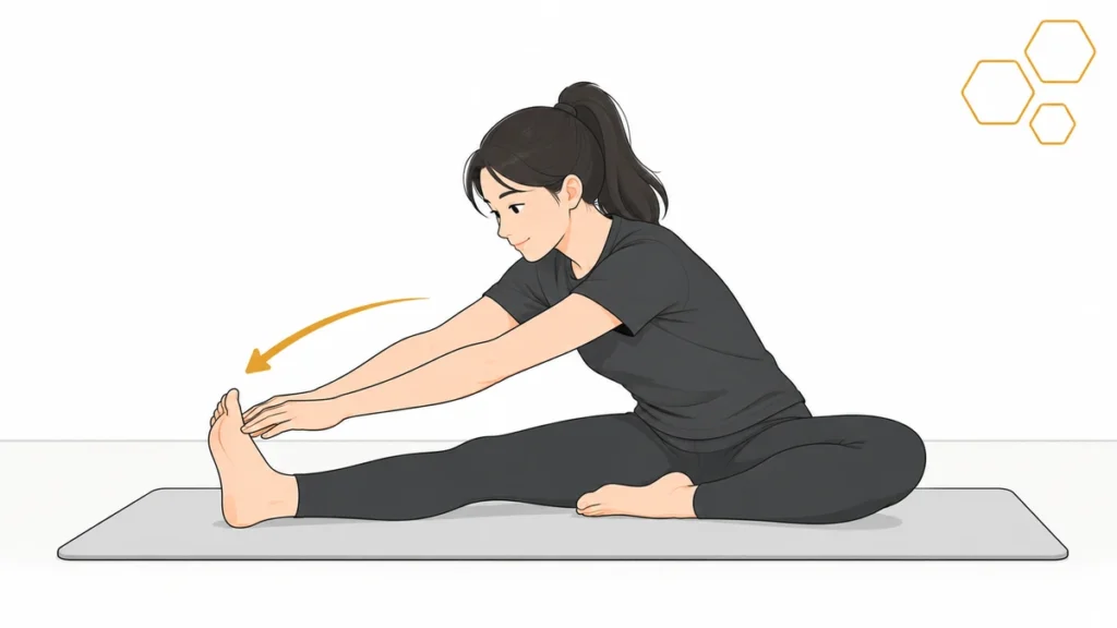 gian-co-la-gi Người phụ nữ ngồi trên thảm giãn cơ đùi sau, với tay về phía bàn chân, minh họa giãn cơ là gì