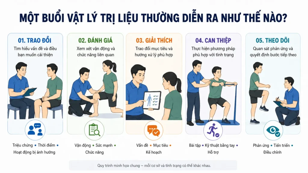 Các bước trong một buổi vật lý trị liệu gồm đánh giá, giải thích và can thiệp
