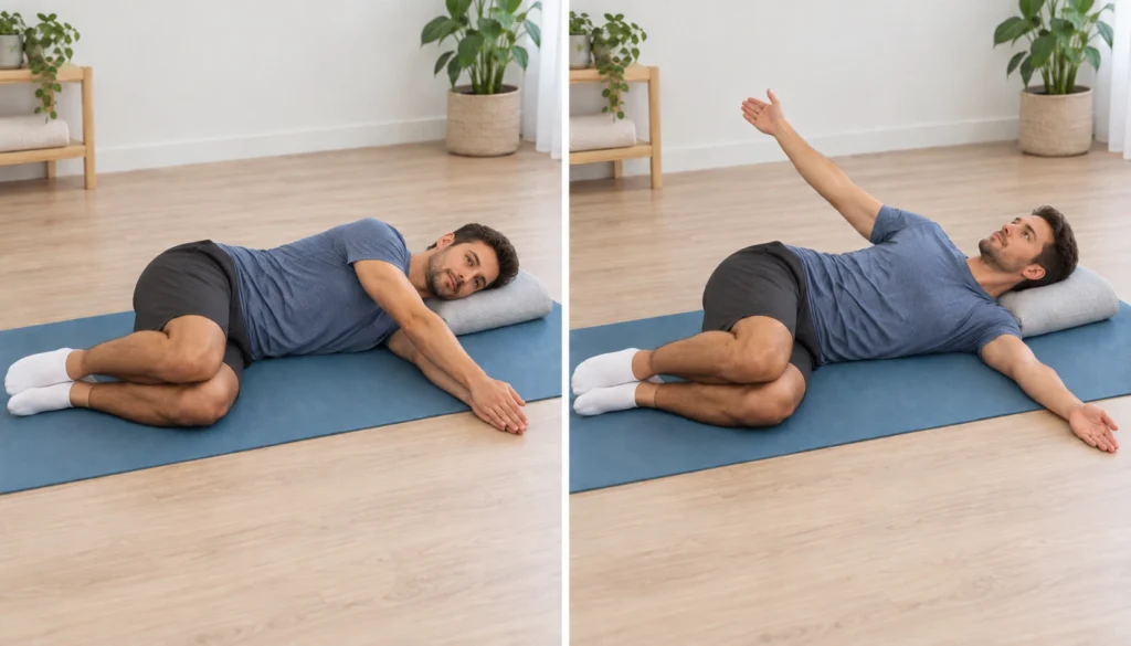 Bài Mở Sách với tư thế nằm nghiêng và xoay phần thân trên