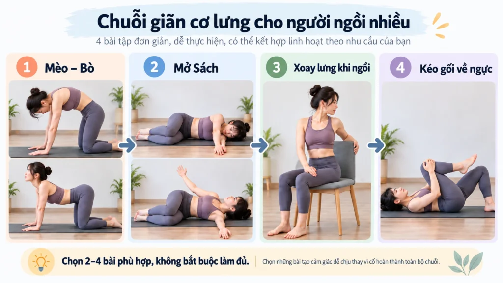Chuỗi giãn cơ lưng gồm Mèo–Bò, Mở Sách, xoay lưng khi ngồi và kéo gối về ngực