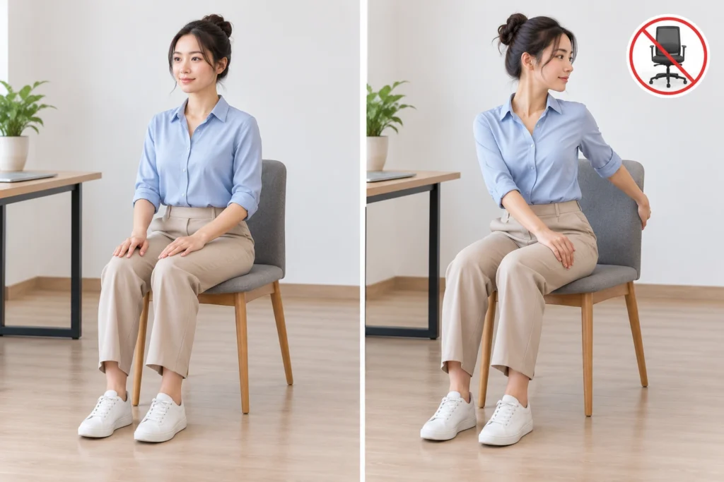 Người ngồi trên ghế cố định thực hiện động tác xoay lưng nhẹ