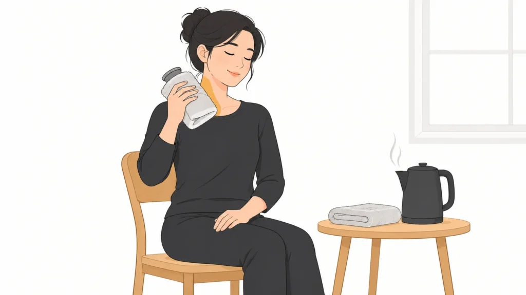 Người phụ nữ nhắm mắt thư giãn, áp bình nước ấm bọc khăn lên vùng cổ vai