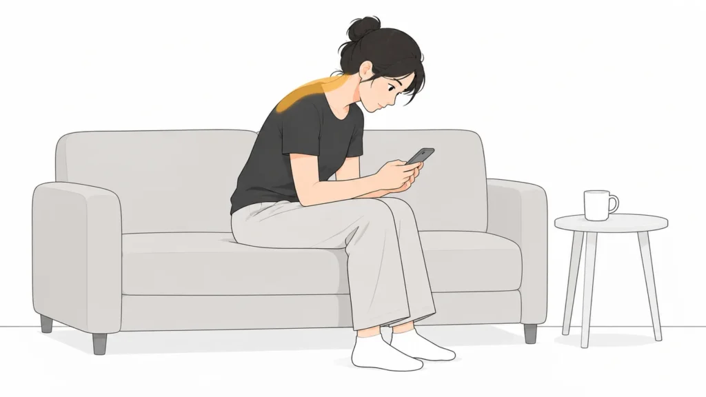 Người phụ nữ ngồi trên sofa cúi đầu xem điện thoại, vùng gáy và lưng trên được làm nổi bật
