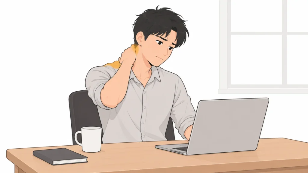dau-co-vai-gay-khi-ngoi-may-tinh Người đàn ông ngồi trước laptop, một tay xoa gáy vì đau mỏi cổ vai gáy