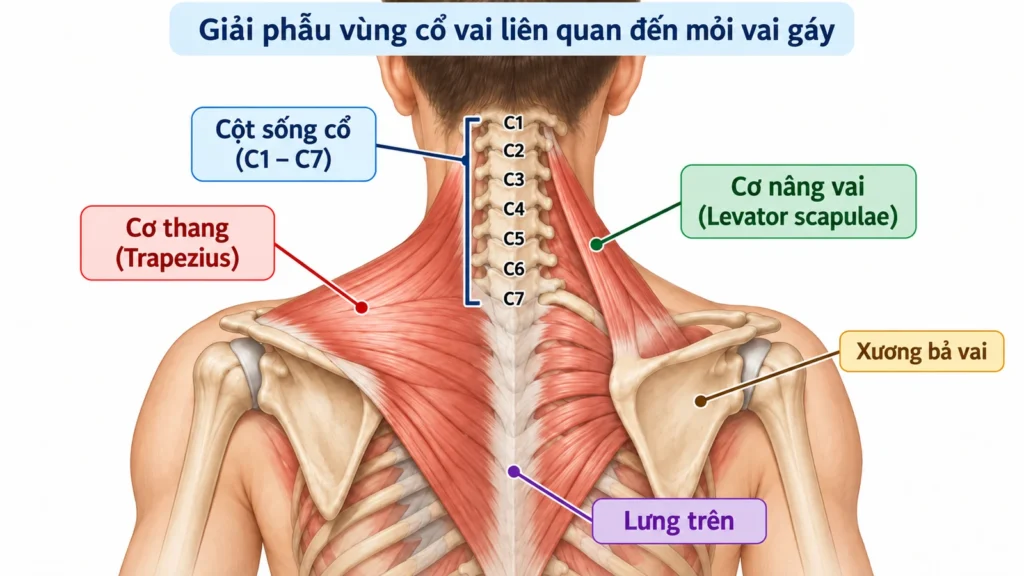 Sơ đồ giải phẫu vùng cổ vai gáy nhìn từ phía sau: cột sống cổ C1–C7, cơ thang, cơ nâng vai, xương bả vai và lưng trên