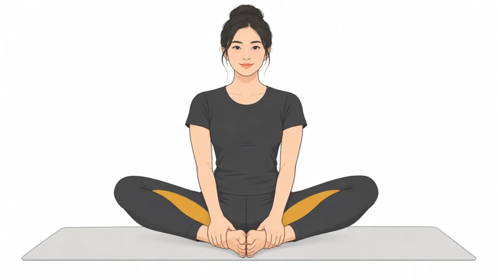 Người phụ nữ ngồi thẳng lưng, hai lòng bàn chân áp vào nhau, tay giữ cổ chân, hạ gối xuống để giãn cơ đùi trong