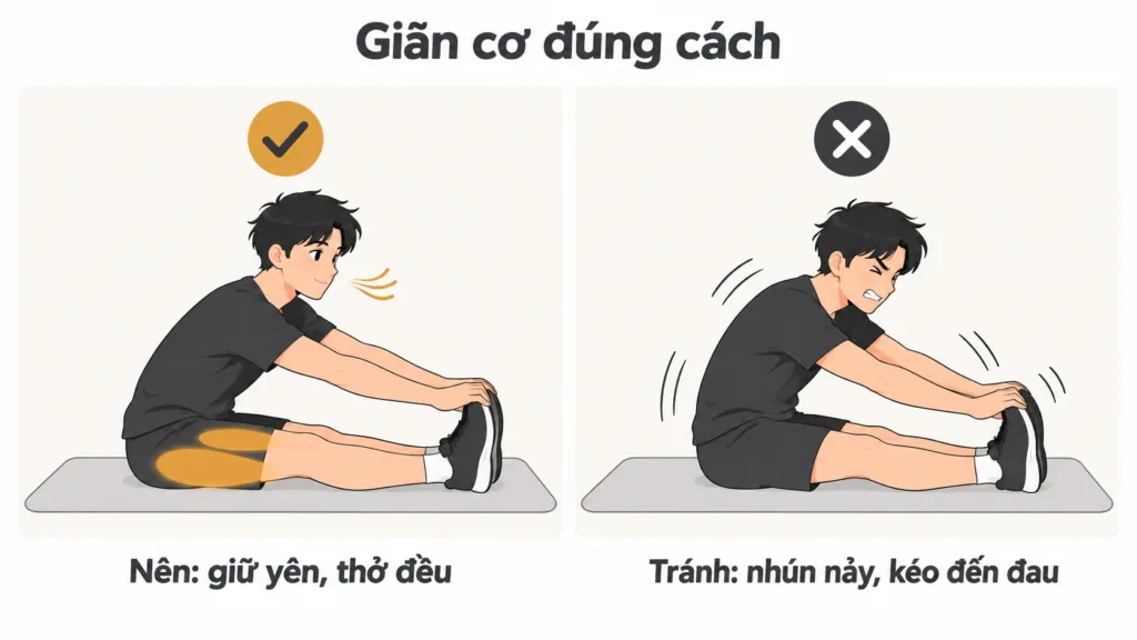 Infographic Giãn cơ đúng cách so sánh Nên: giữ yên, thở đều với Tránh: nhún nảy, kéo đến đau