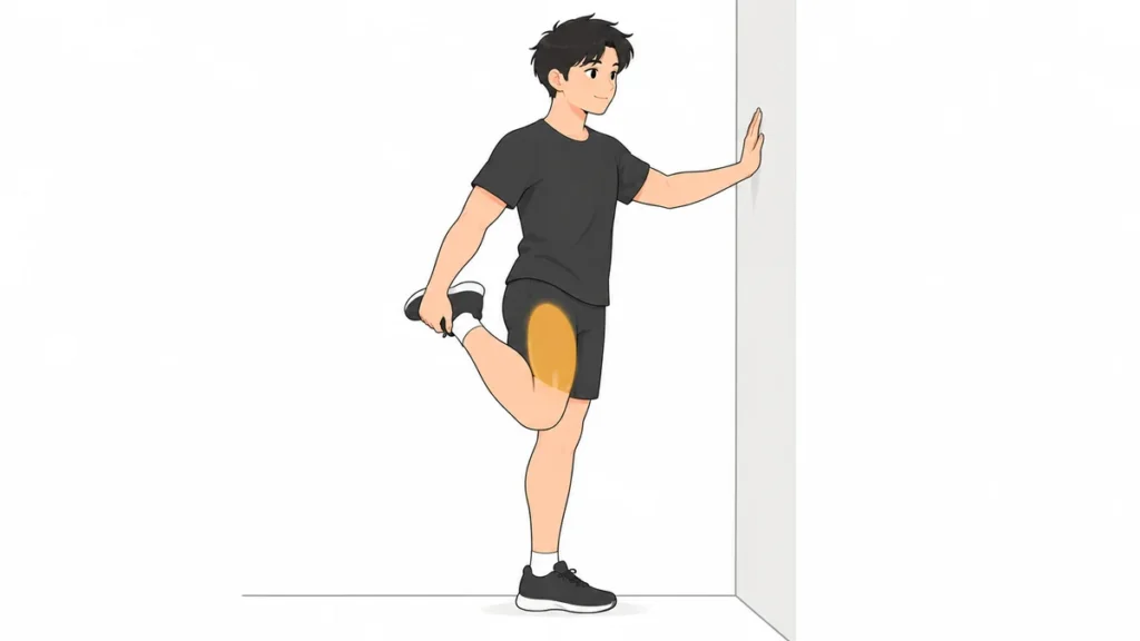 gian-co-sau-khi-tap Người đàn ông vịn tường, đứng một chân và kéo gót chân về phía mông để giãn cơ đùi trước sau khi tập