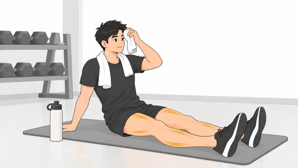 Người đàn ông ngồi trên thảm tập sau buổi tập gym, lau mồ hôi và chuẩn bị giãn cơ