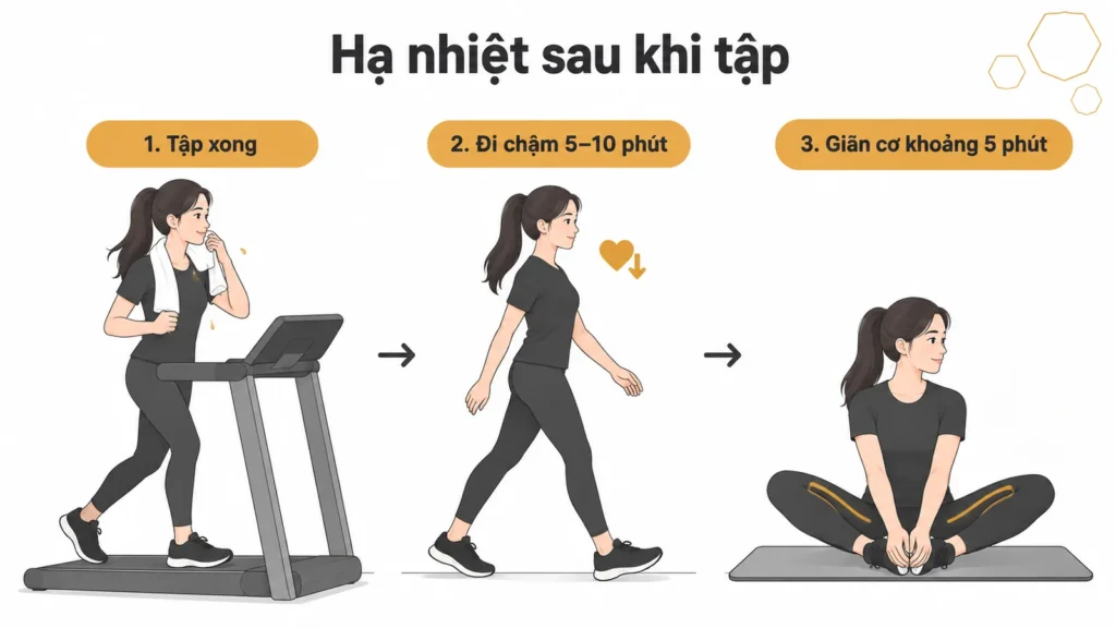 Infographic Hạ nhiệt sau khi tập gồm 3 bước: 1. Tập xong, 2. Đi chậm 5–10 phút, 3. Giãn cơ khoảng 5 phút