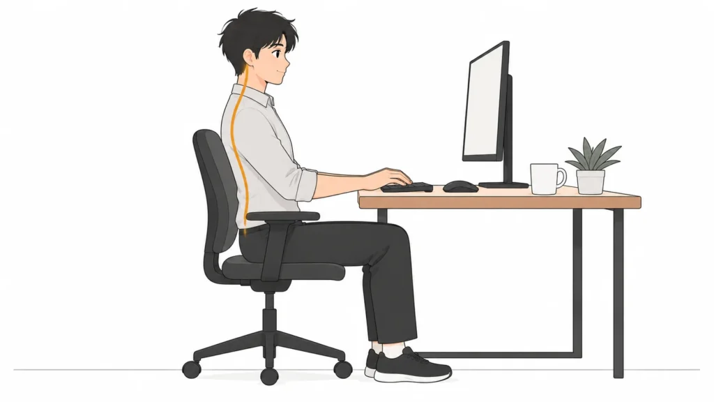 Người đàn ông ngồi thẳng lưng trên ghế văn phòng, màn hình ngang tầm mắt, đường cổ và cột sống thẳng tự nhiên